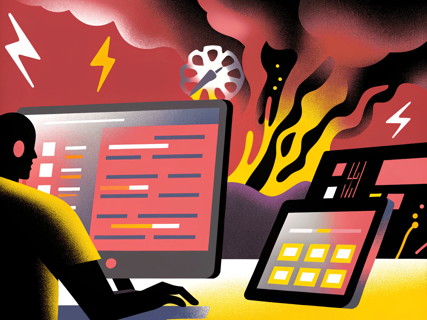 Developer surrounded by clutter, scattered tabs, and a broken timer