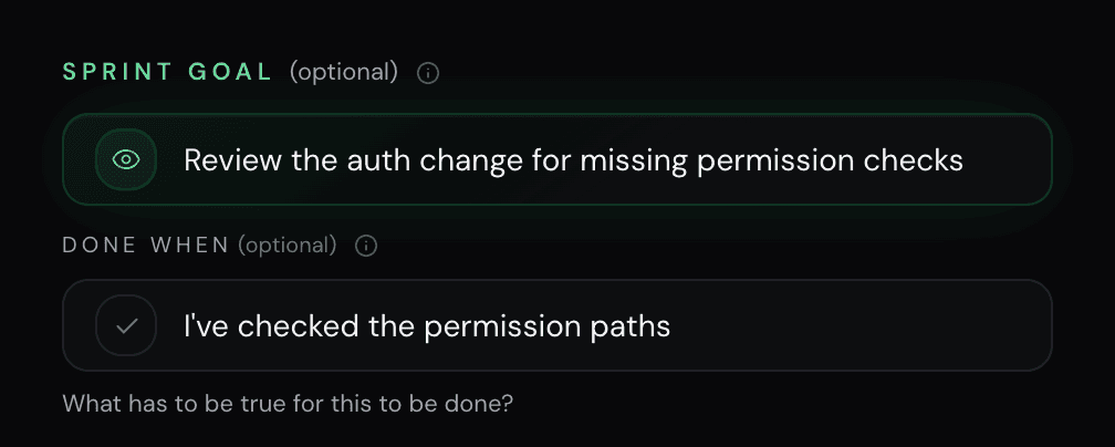 NEDIO setup with a bounded code review goal and an explicit done-when criterion