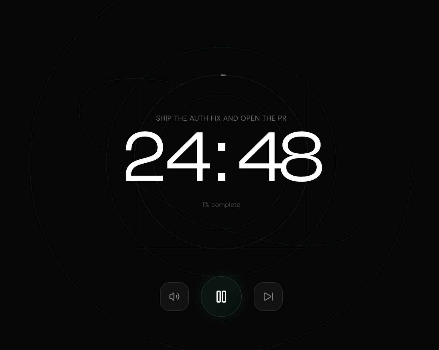 NEDIO focus screen with the goal 'Ship the auth fix and open the PR' above a 24:48 countdown