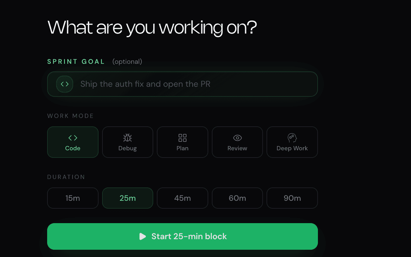 NEDIO focus time tracker setup with sprint goal, work mode, duration, and start button