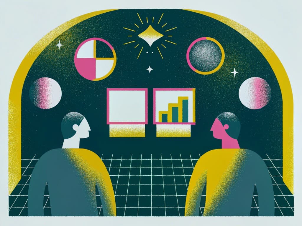 Poster-style illustration of developers coding with headphones, code windows, and a dashboard suggesting a sprint timer and session stats