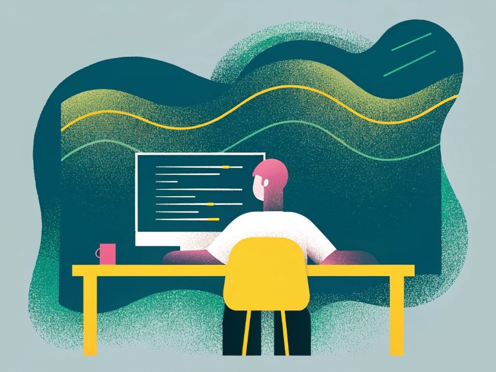Illustration of a developer at a desk with code on screen and abstract sound waves suggesting calm background audio during a focus session