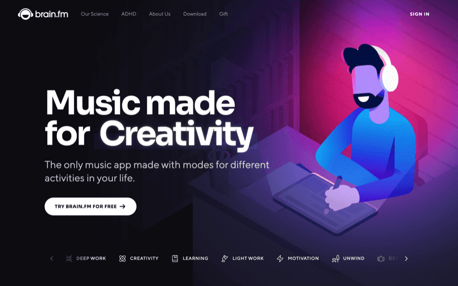 Brain.fm homepage showing music modes for deep work, creativity, learning, and relaxation