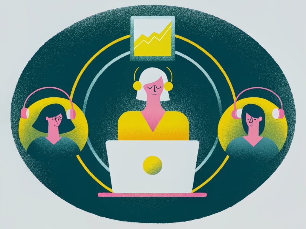 Editorial illustration of three people wearing headphones around a central figure at a laptop, suggesting shared focus and flow