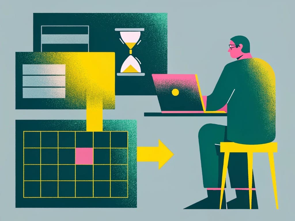 Editorial illustration of a developer at a laptop with hourglass, calendar, and abstract UI shapes suggesting time and task focus