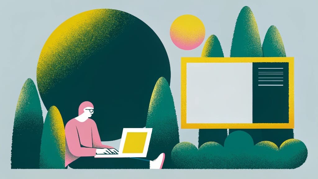 Editorial illustration of a developer coding on a laptop outdoors beside a large UI window and stylized trees and sun