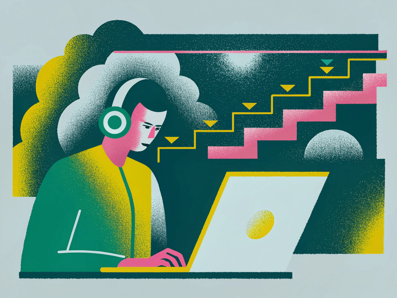 Editorial illustration of a clean maker day with a developer in a protected focus block