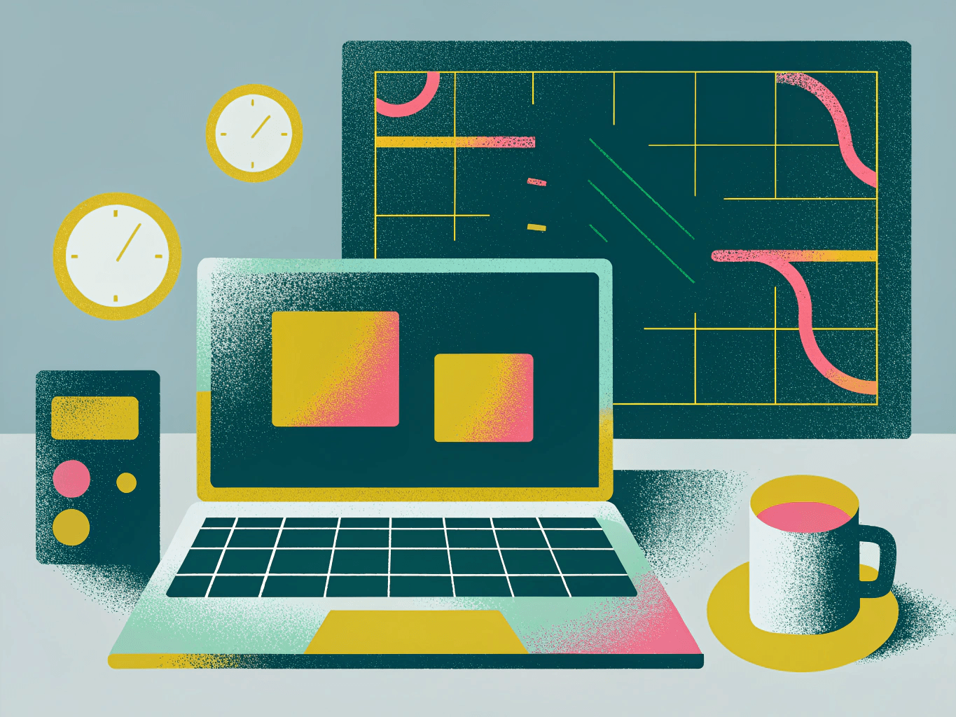 Illustration of a laptop, two clocks, and a simple desk setup representing a bounded coding sprint with a visible time box