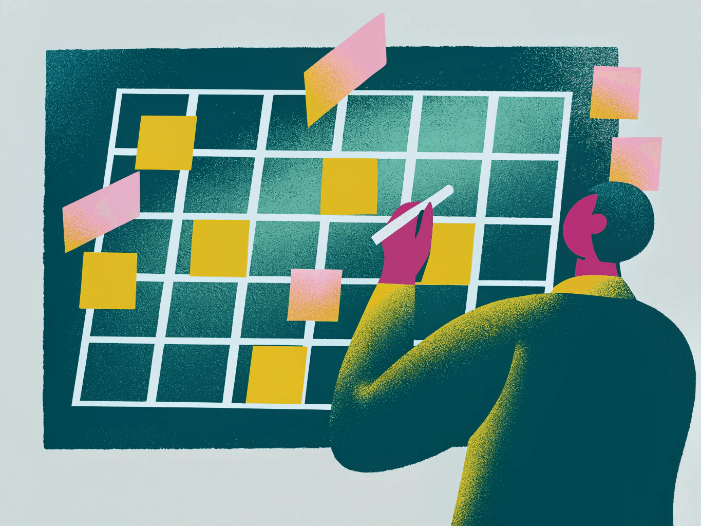 Editorial illustration of a developer planning one clear sprint target on a large board with a small number of highlighted notes