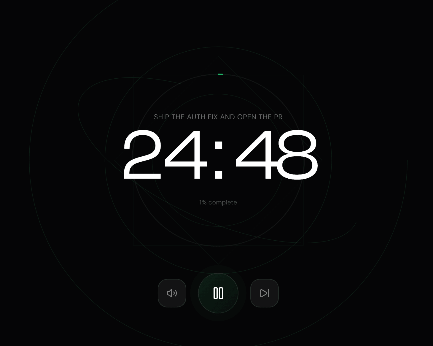 A NEDIO block running: the goal "Ship the auth fix and open the PR" above a 24:48 countdown, with audio controls below