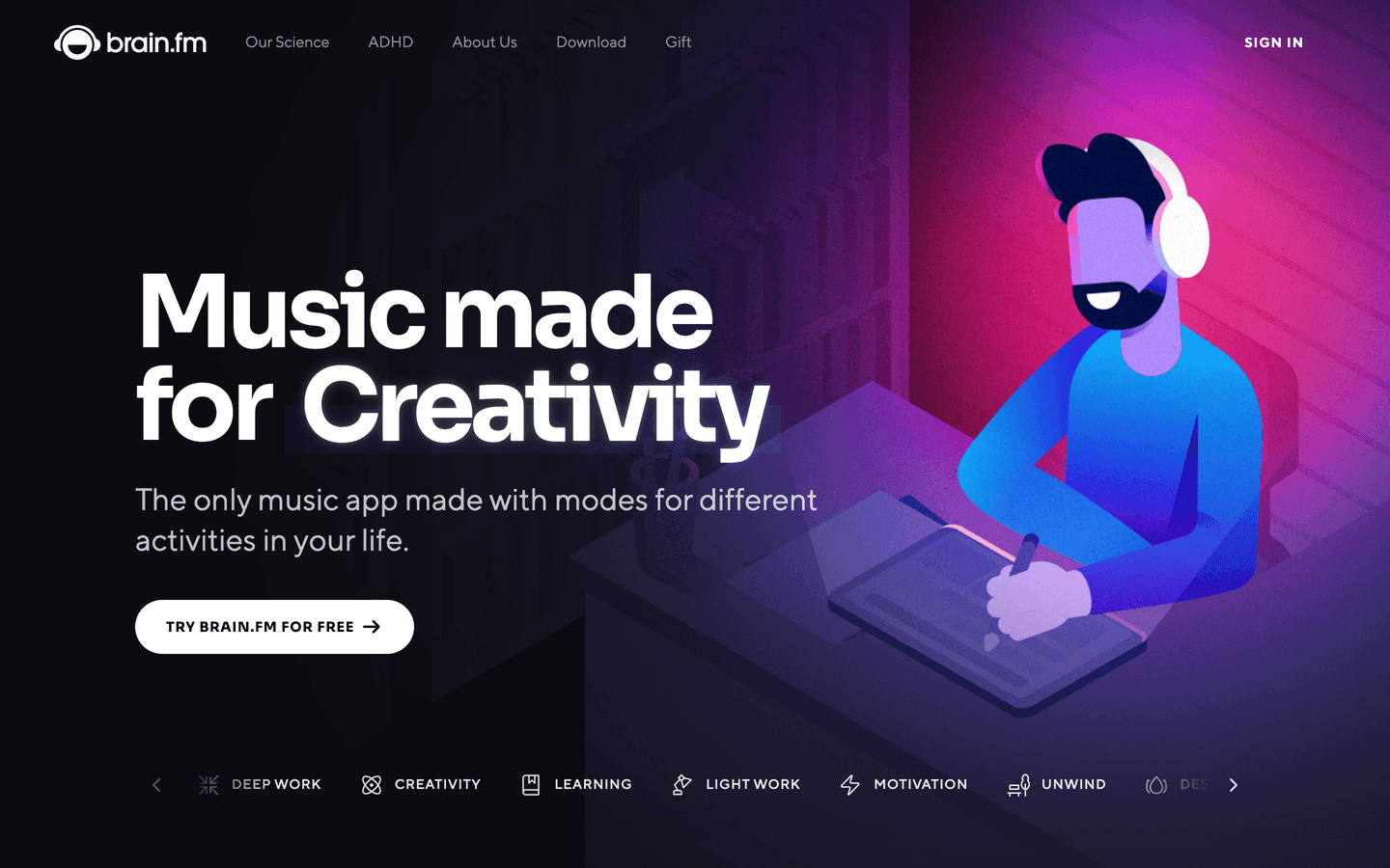 Brain.fm homepage: music made for creativity with activity modes such as deep work and learning