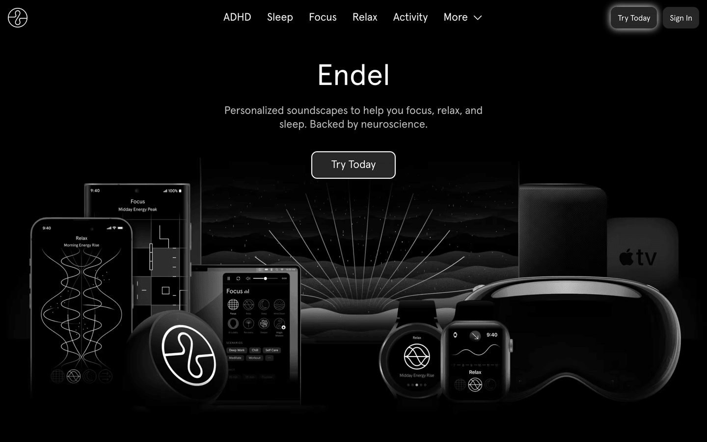 Endel homepage showing personalized soundscapes across phones, watches, and Apple TV