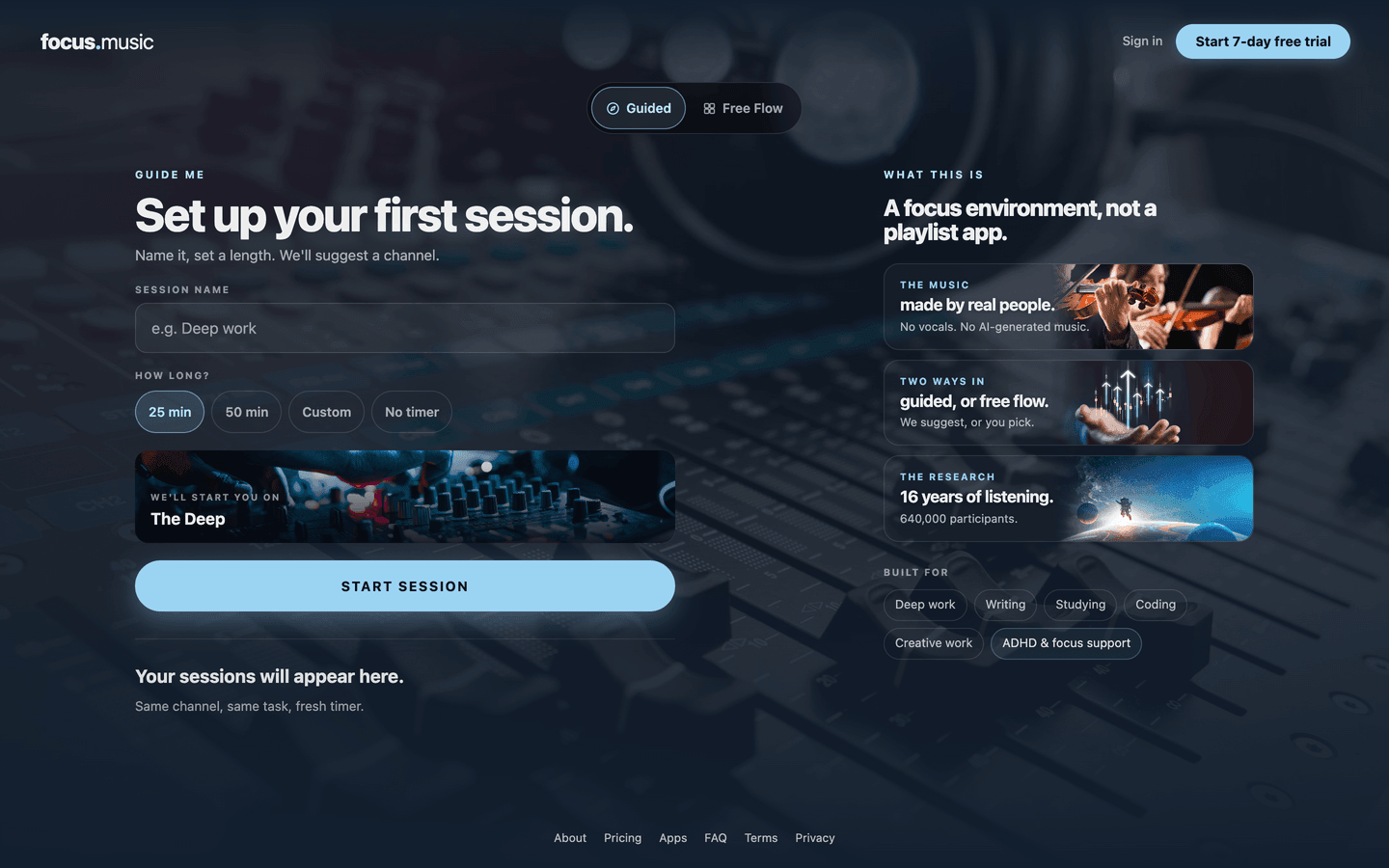 focus.music homepage with a guided session setup and channel picker