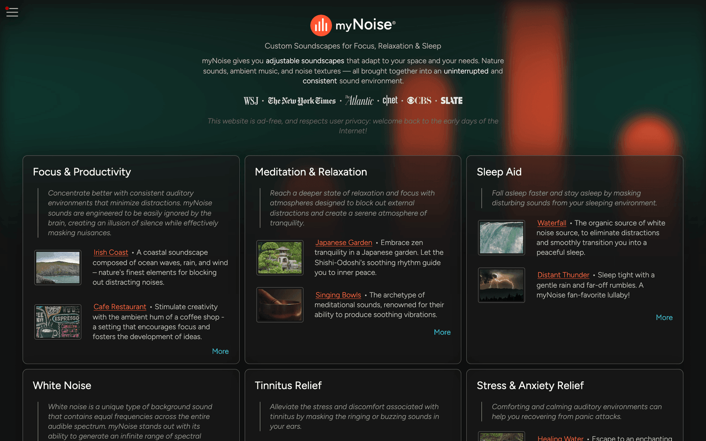 myNoise homepage listing free custom soundscapes for focus, relaxation, and sleep