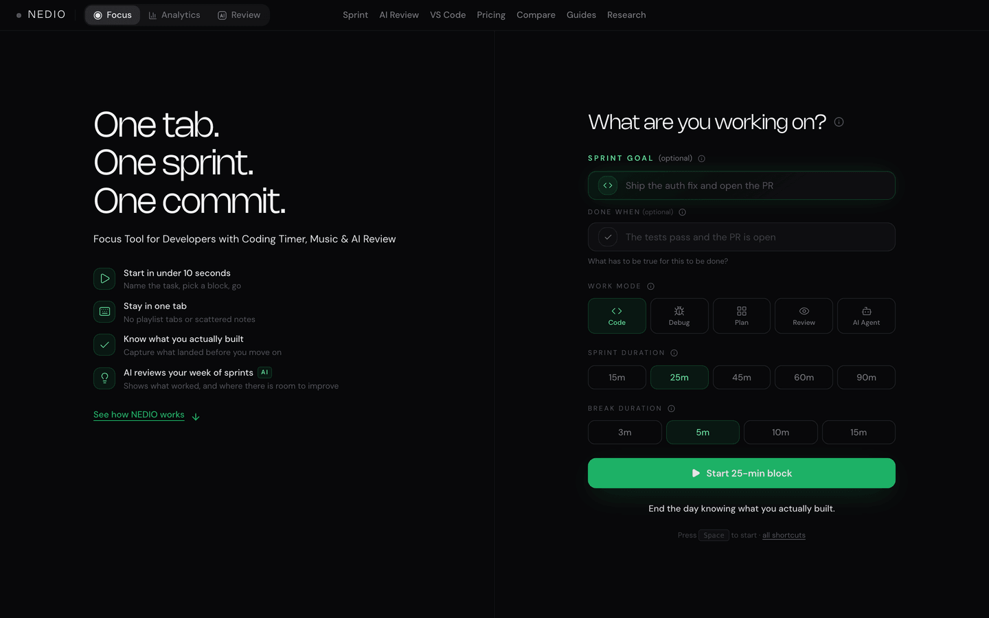 NEDIO homepage: one-tab coding sprint with timer, work modes, and instrumental audio
