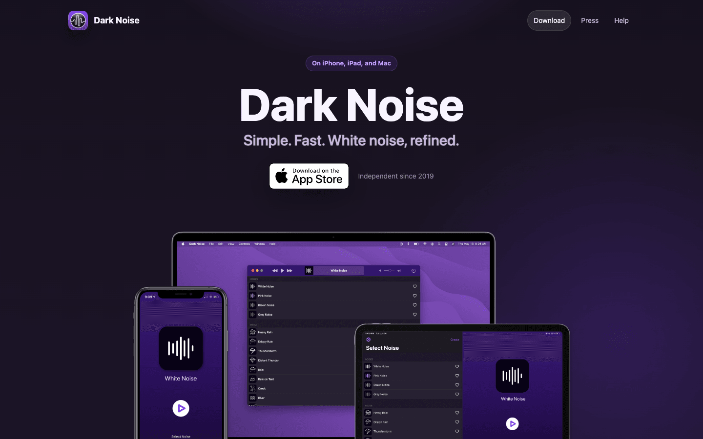 Dark Noise homepage showing its ambient-sound app on iPhone, iPad, and Mac