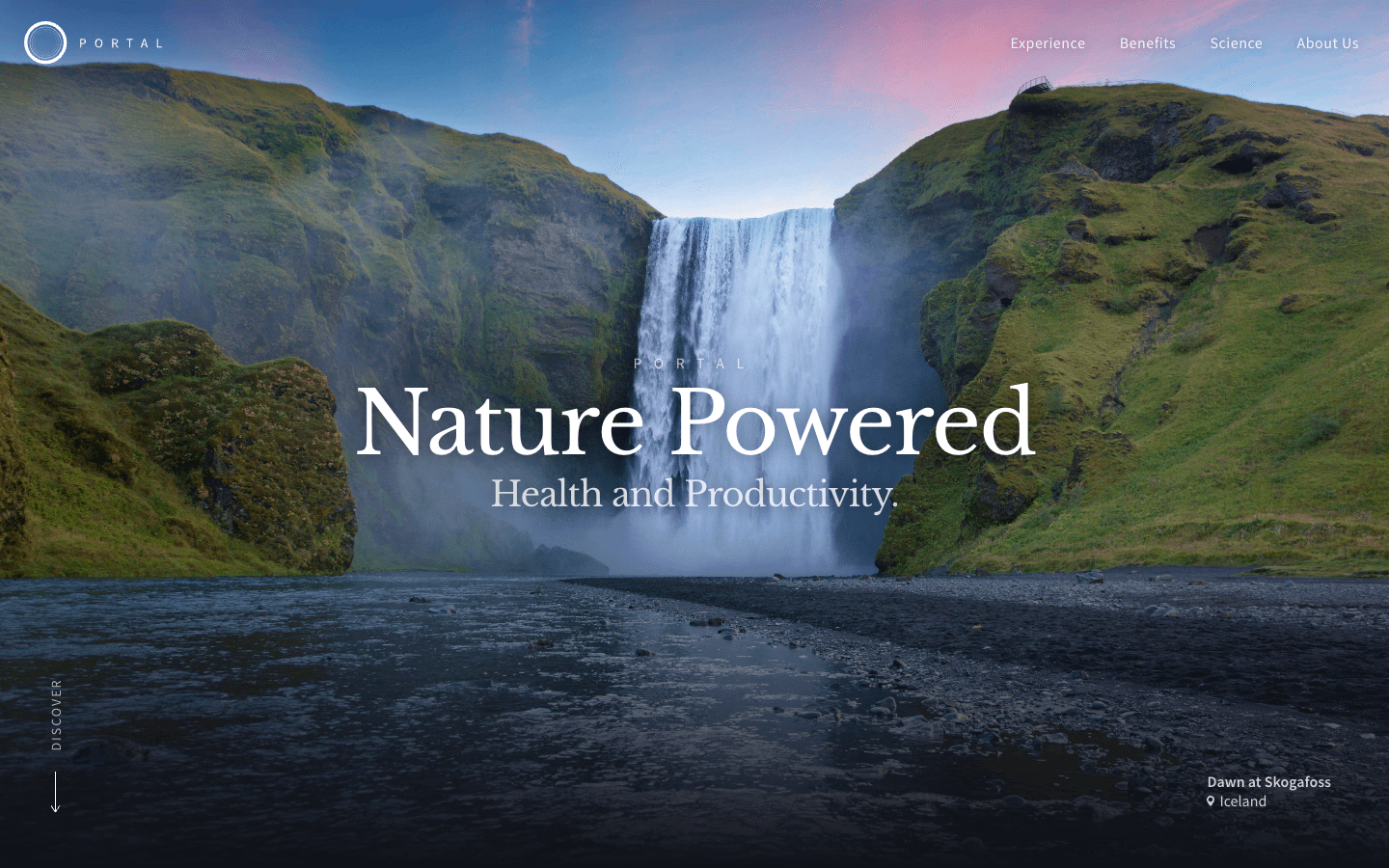 Portal homepage showing an immersive Icelandic waterfall environment