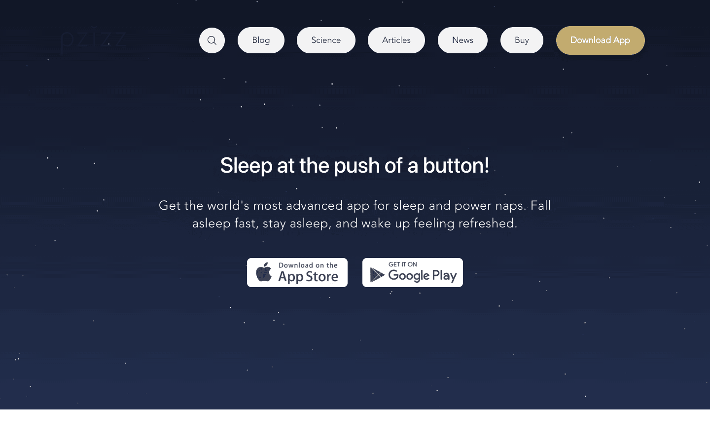 Pzizz homepage presenting its app for sleep and power naps