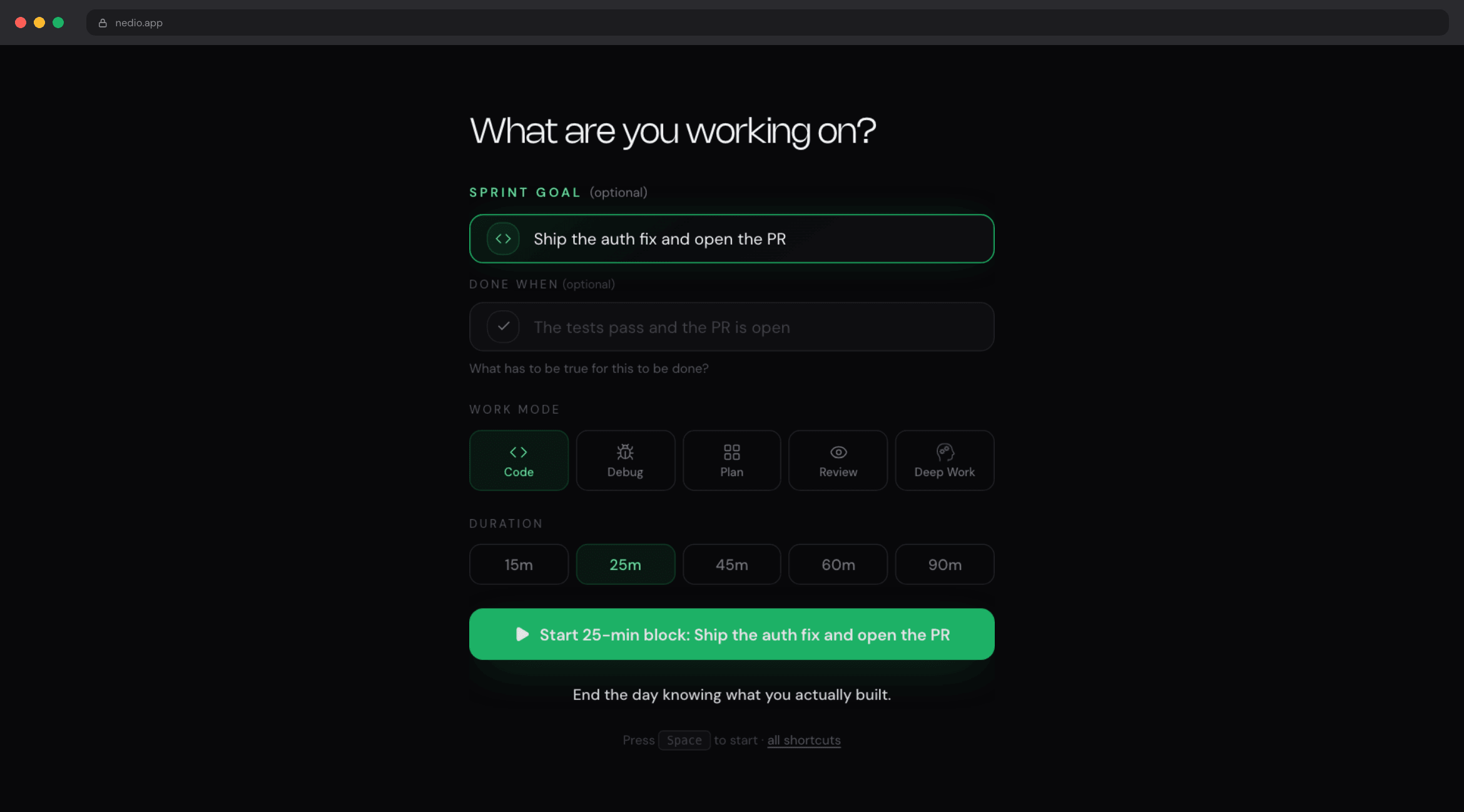 NEDIO sprint setup showing the sprint goal field, a done-when field, work modes, duration selector and start button
