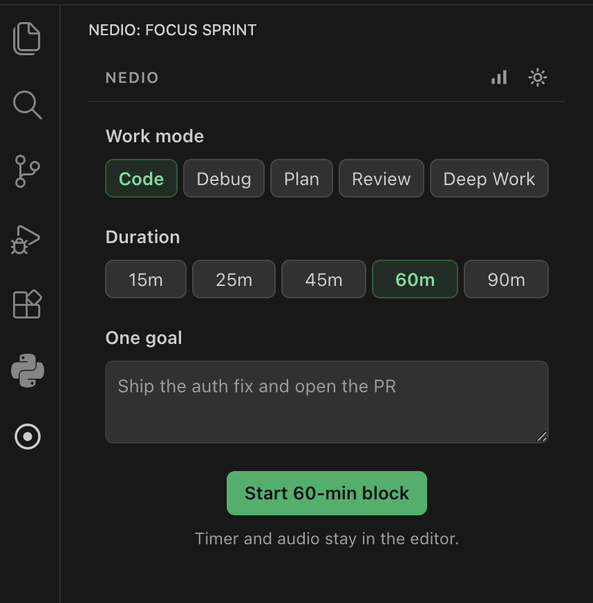 NEDIO VS Code focus timer setup with sprint goal, duration, and work mode