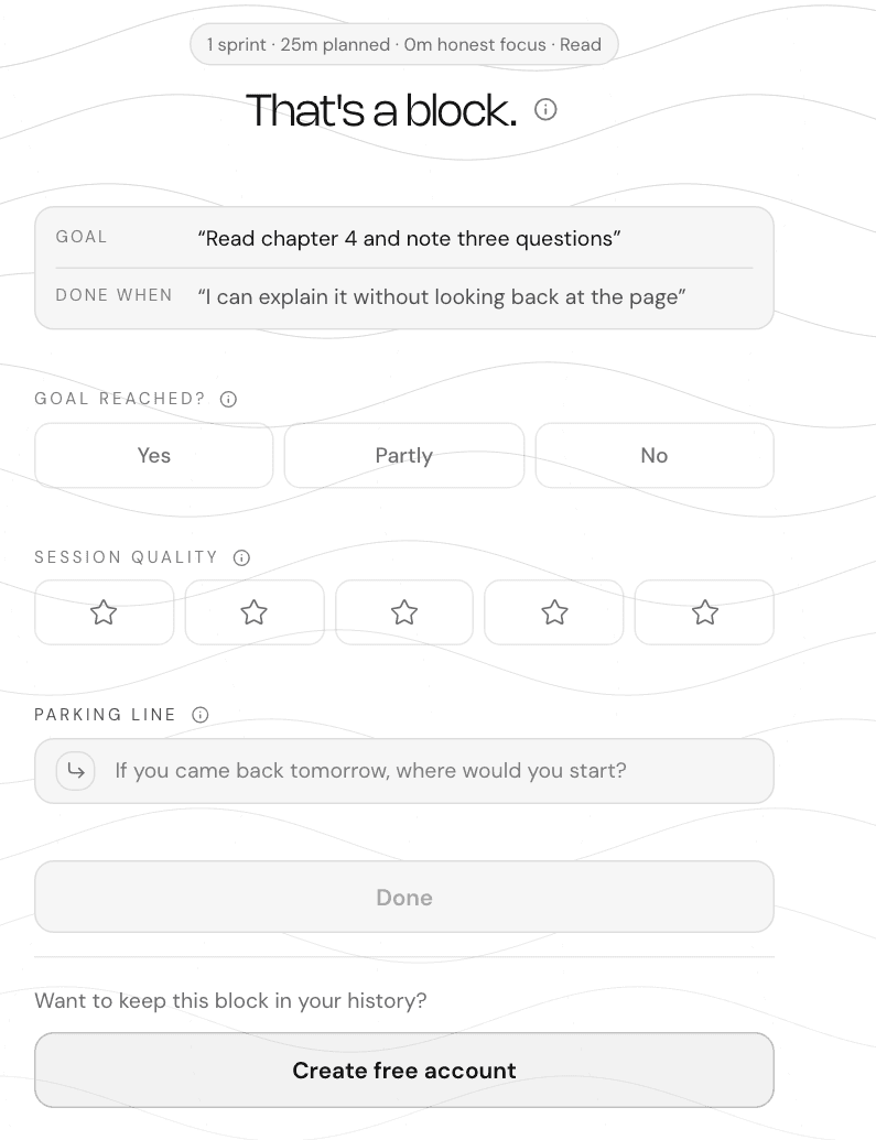 NEDIO close-out screen after a study block, asking whether the goal was reached, a quality rating, and a parking line