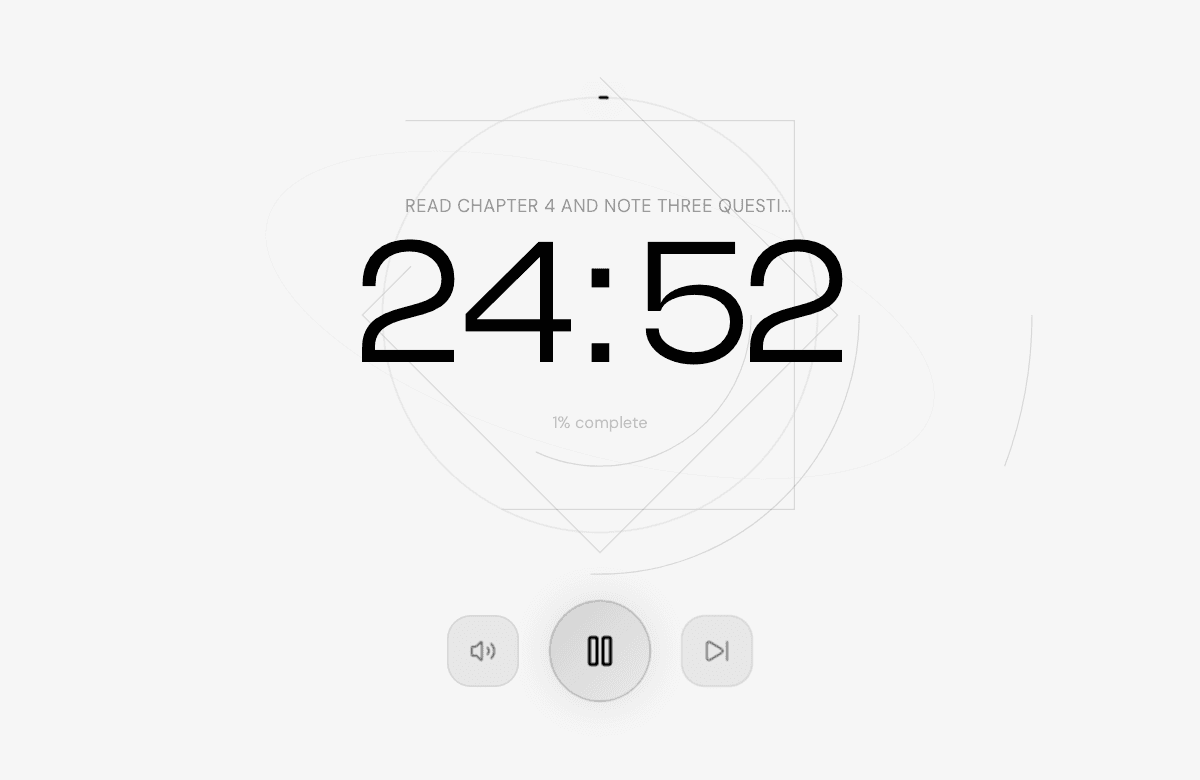 NEDIO running block showing the goal above a large countdown timer with sound, pause and next buttons