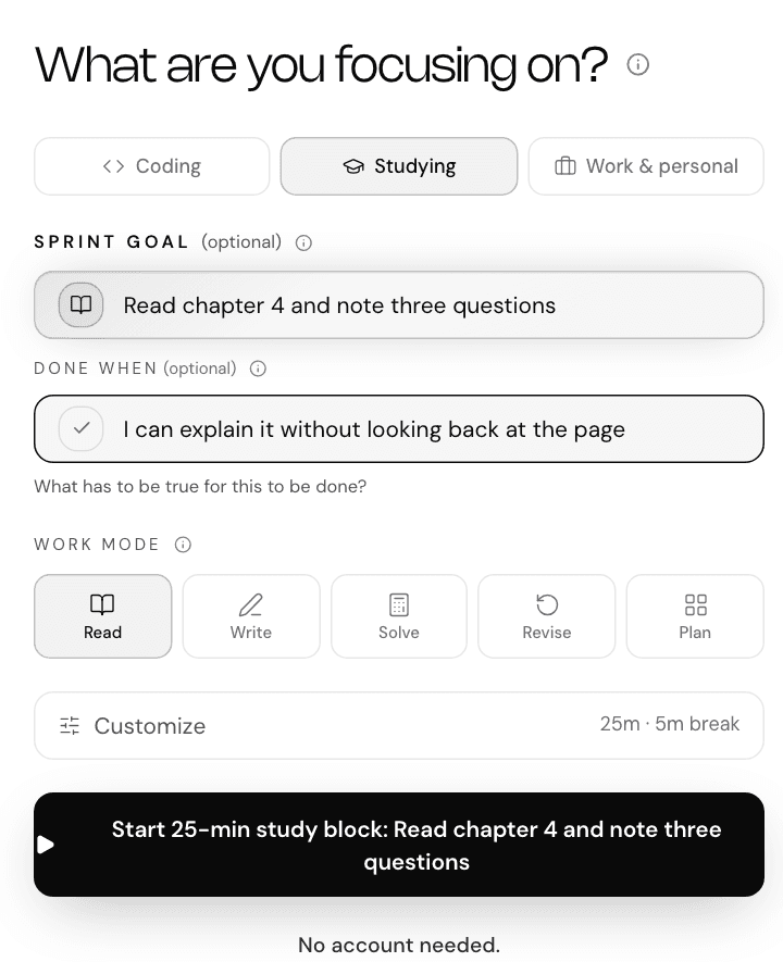 NEDIO setup screen in Studying mode with a sprint goal, a done-when line, and the Read, Write, Solve, Revise and Plan work modes