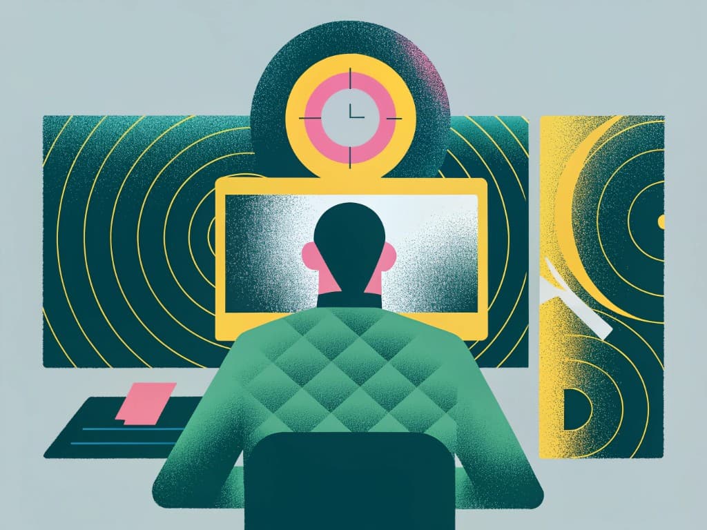 Editorial illustration of a programmer at a desk with a monitor, circular sprint timer above the screen, and concentric rings suggesting calm focus audio