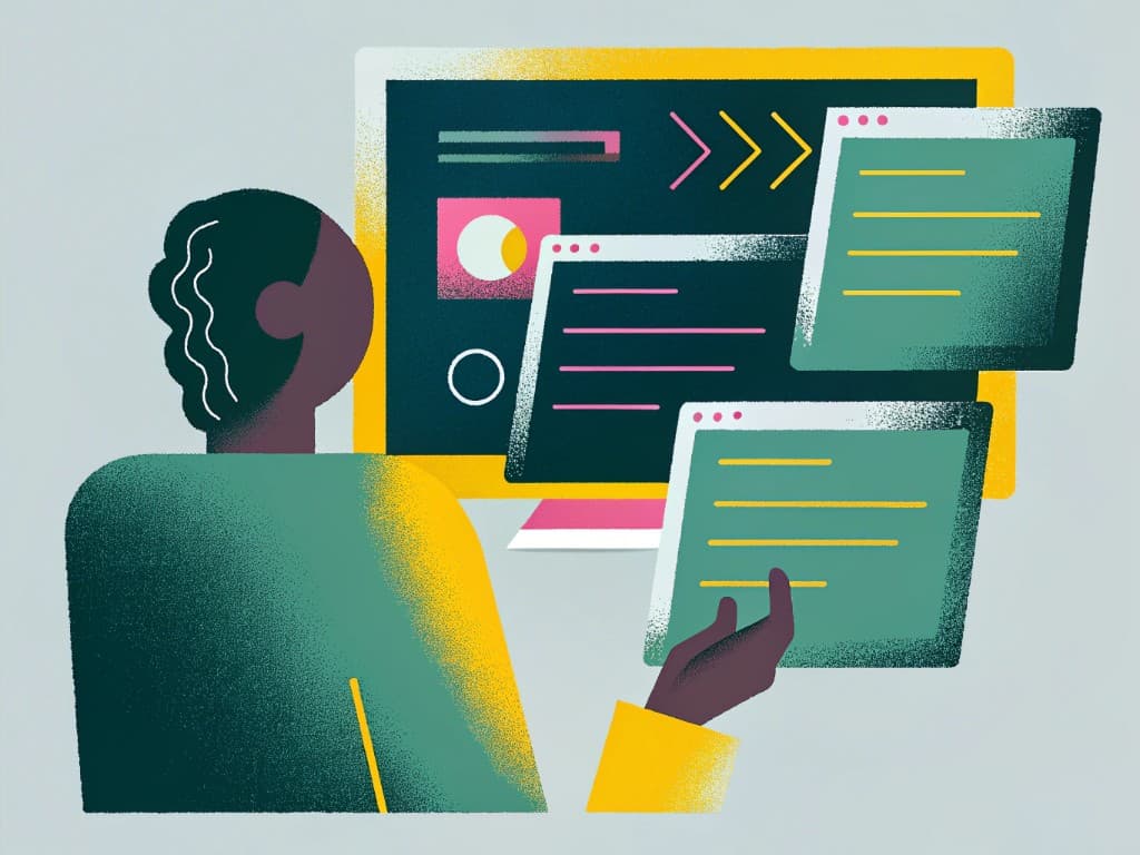Illustration of a programmer at a monitor with floating code windows and tabs suggesting scattered tools consolidating into one focused work screen