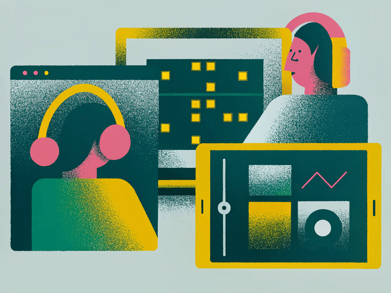 Editorial illustration of headphones, browser tabs, and a calmer coding audio setup