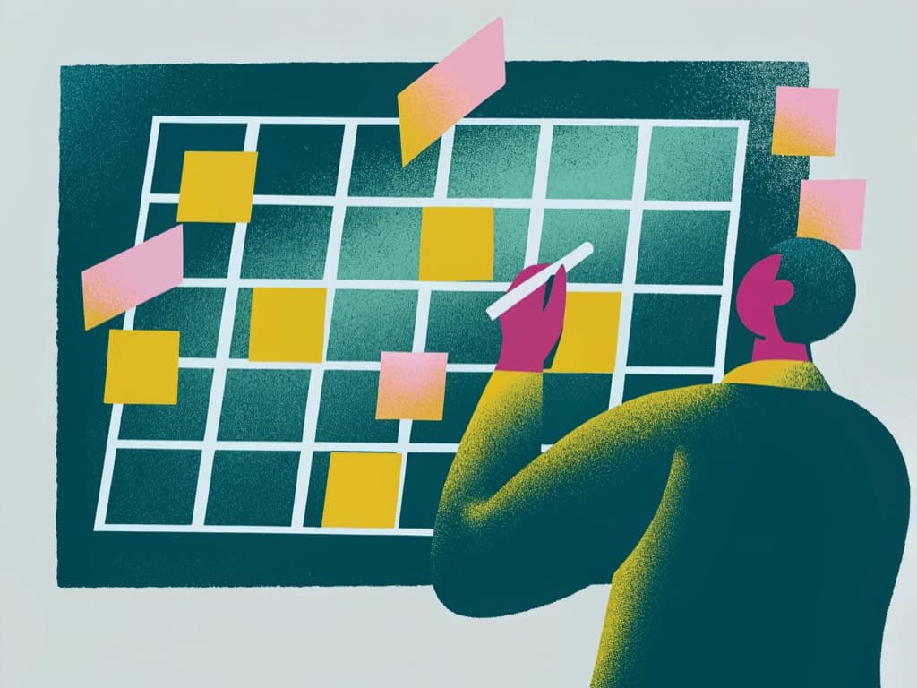 Illustration of a student placing coloured notes onto a large weekly planning grid