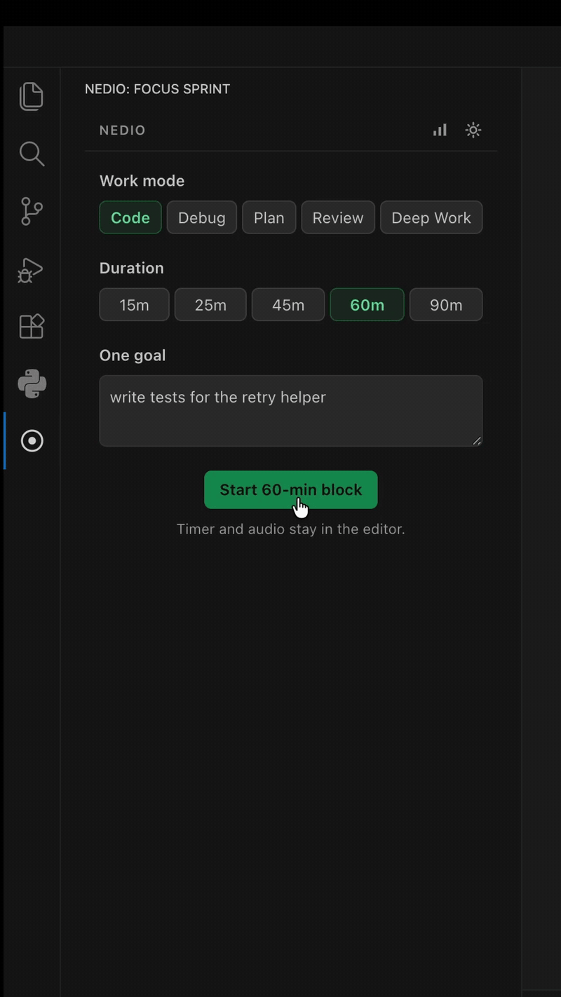 Pomodoro timer and focus music in VS Code: pick a goal, start the sprint, review it, and see the week