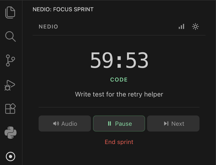 A Pomodoro timer running in the VS Code sidebar with focus music controls