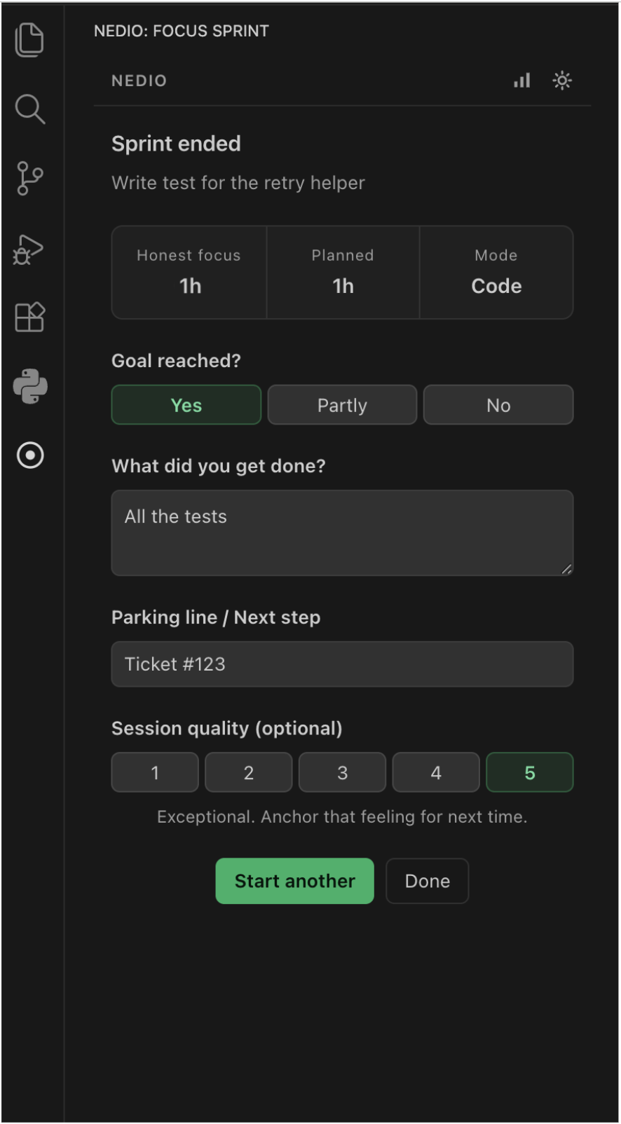End-of-sprint review in VS Code: goal reached, what got done, and the next step